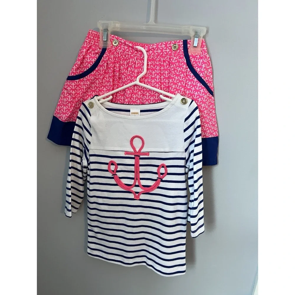 GYMBOREE Girl Size 6 3 Piece Top Skirt and Hat Set White Pink Blue Nautical Anch